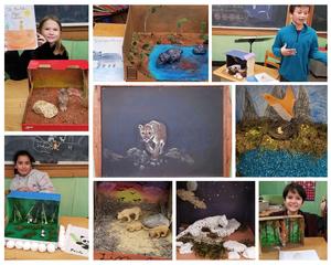 Collage of Highland Hall 4th-grade students working on animal-themed projects.