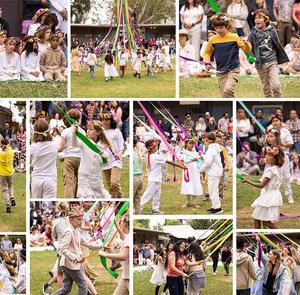 Collage capturing moments from Highland Hall's 2024 Maypole dance event.