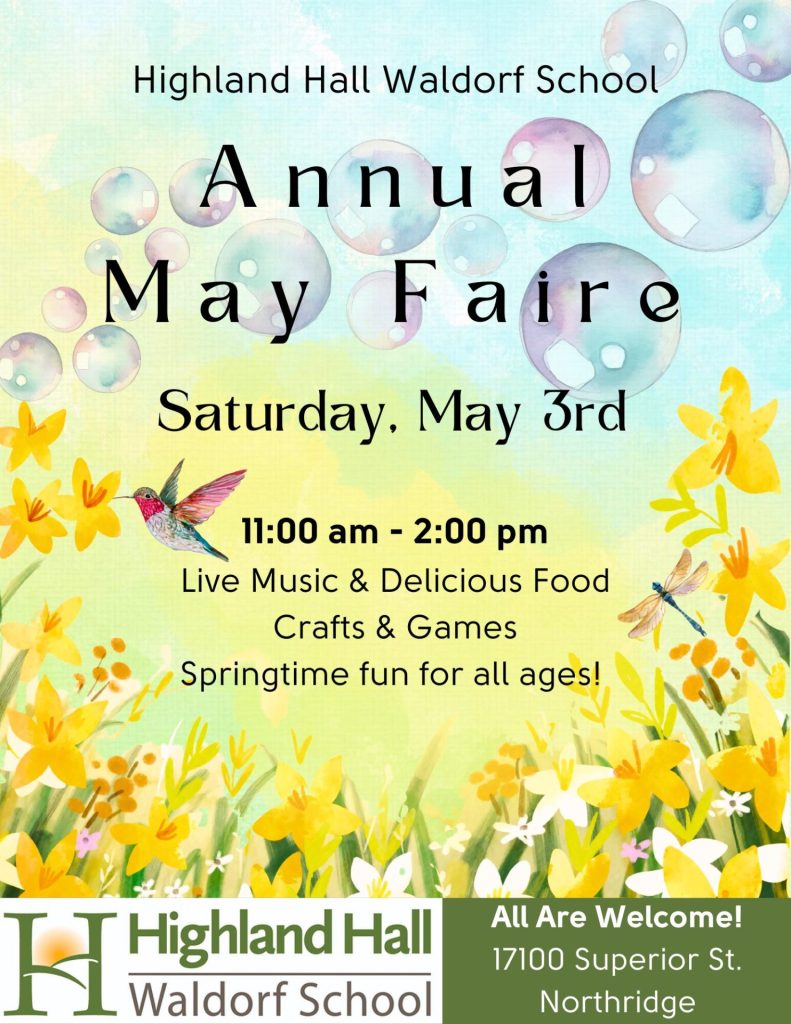 may fiaire flyer. Saturday, May 3rd. 11am-2pm. yellow flowers, bubbles, with hummingbird. Live Music, food, crafts, games, & more. All Ages. 